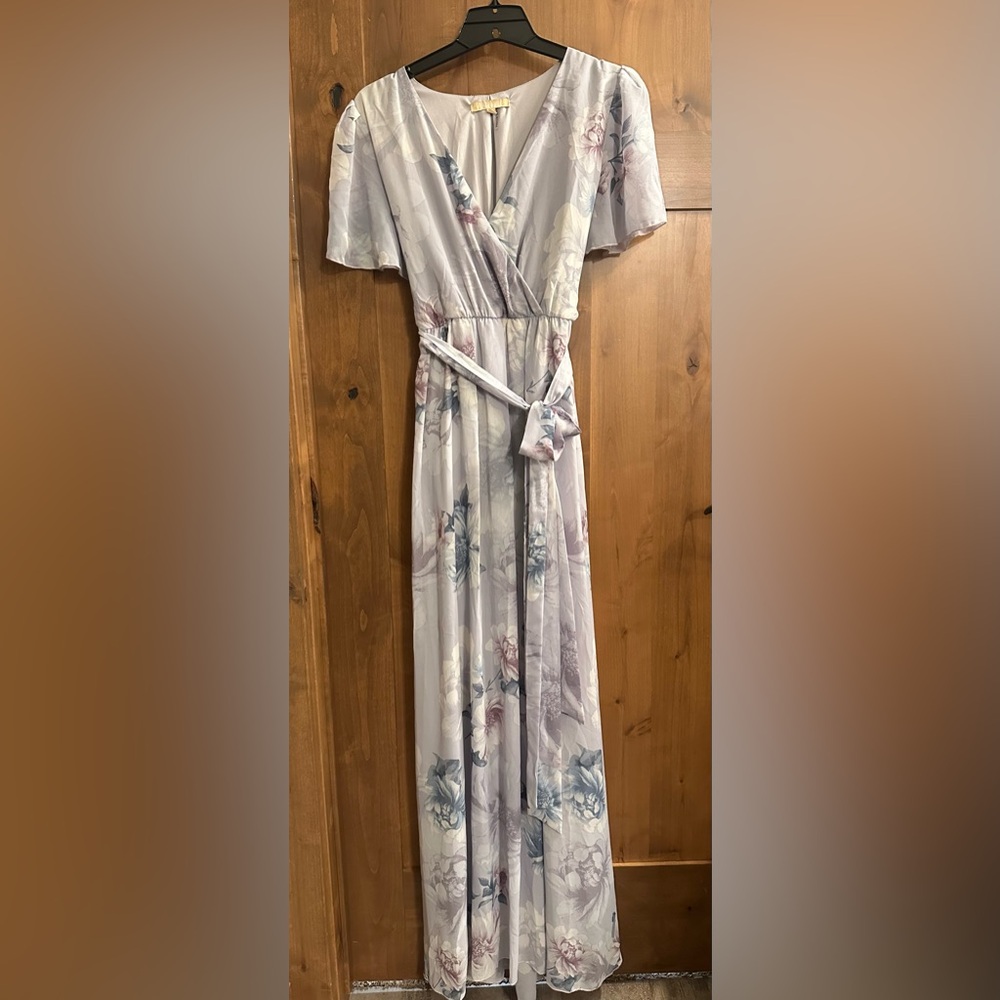 Lavender Floral Chiffon Wrap Front Short Sleeve Maxi Dress- Large- Pink Blush